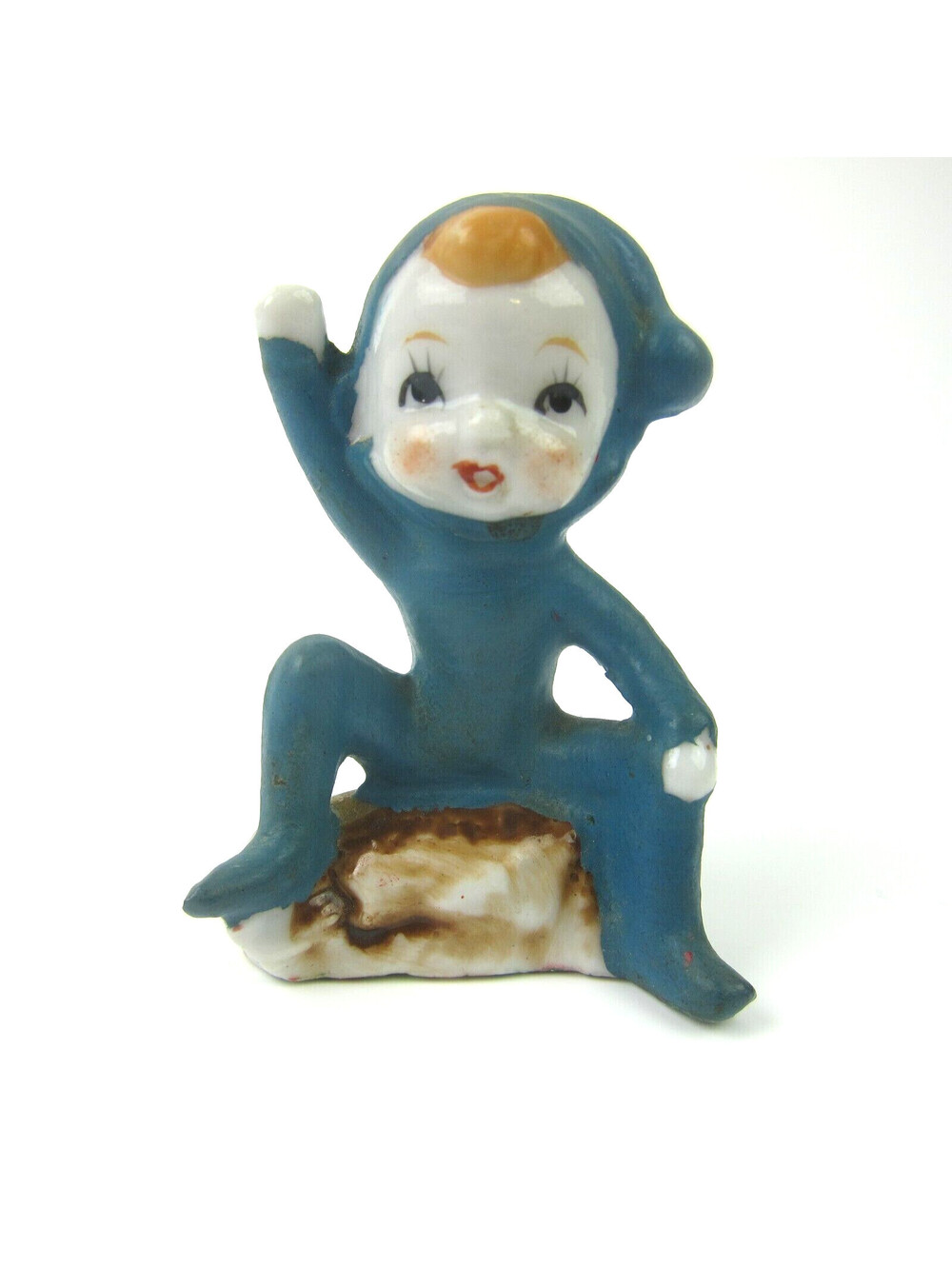 Vintage Pixie Elf Ceramic Figurine 2.5" Red Hair Blue Jumper Sit Rock Wave Japan